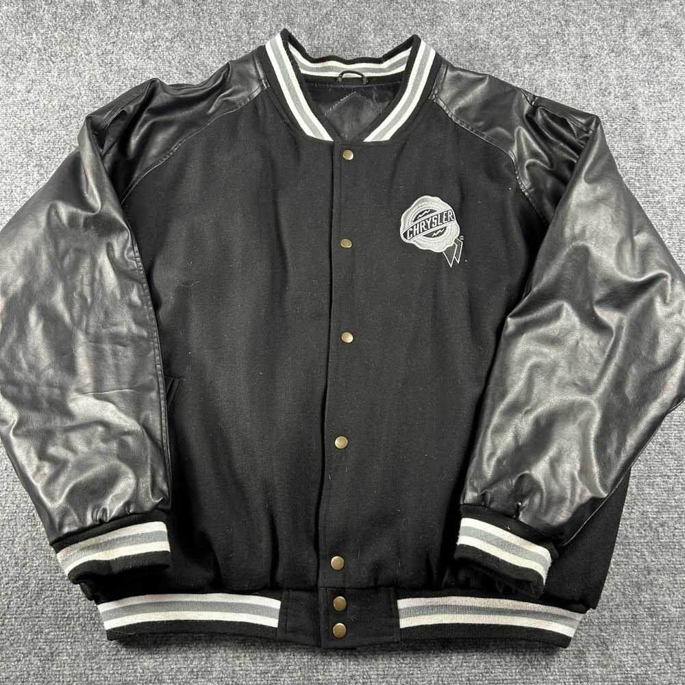 Chrysler Varsity Jacket Mens XXL Black Faux Leather Wool Blend Bomber Vintage